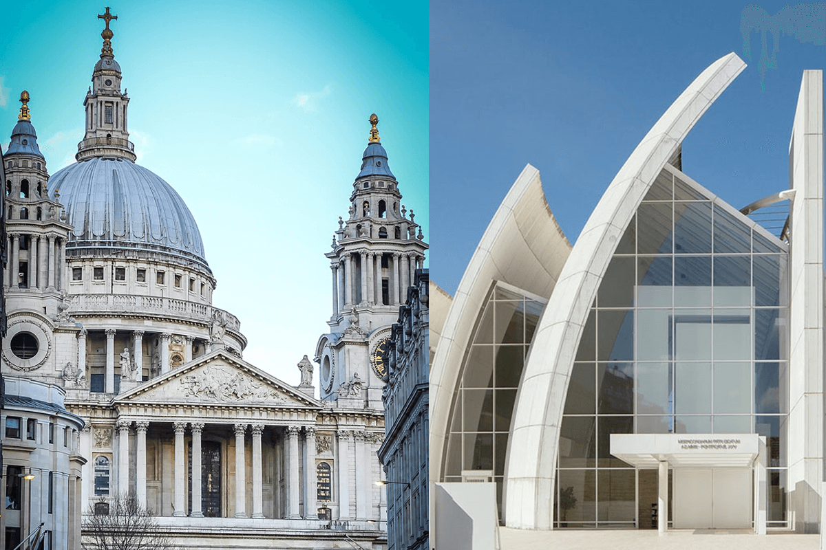 Beautiful white exterior of a basilica shown next to a modern spaceship type church building.