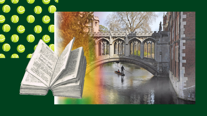 A collage of cambridge punting, a catechism, and several tennis balls.