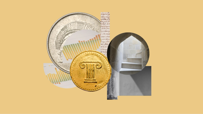 Collage art with coins, accounting graphs, and ancient architecture with a stairwell