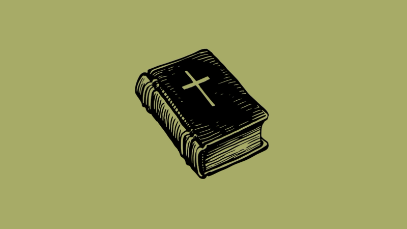 A sketch of a Bible with a cross on its cover over a green background.