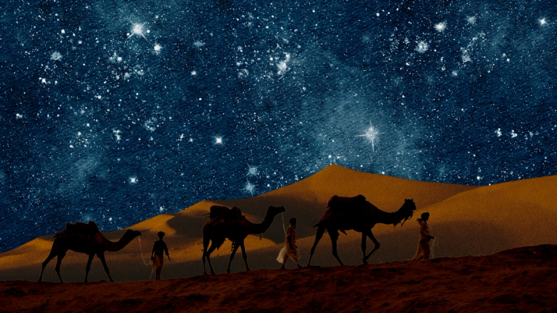 The Eastern kings traveling with camels under the stars to find the Lord of Lords.