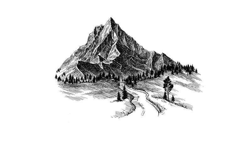 A charcoal sketch of a craggy mountain with pine trees and a road skirting it.