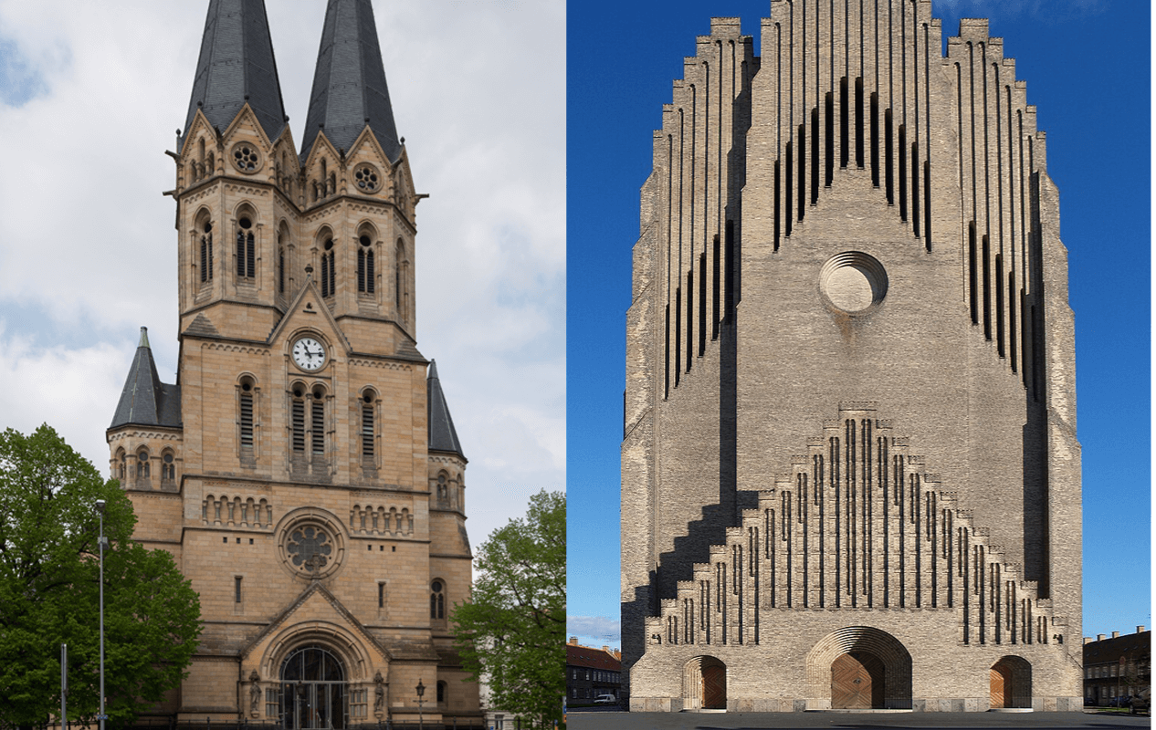 Traditional church with a rose window, twin spires, and a clock, shown next to a modern church with towering facade.
