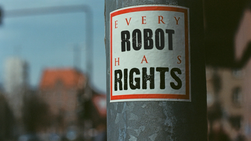 A sign posted on a pole in a city saying, "every robot has rights."