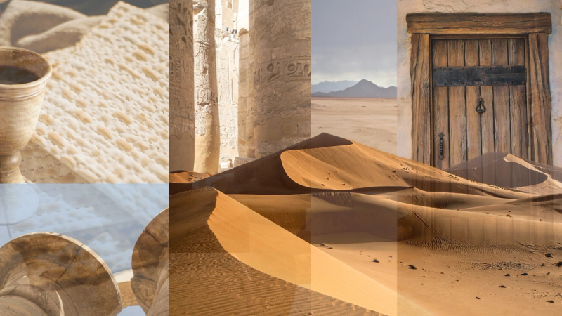 A collage of transparent overlaid images from Egypt and Sinai, with unleavened bread and wine.