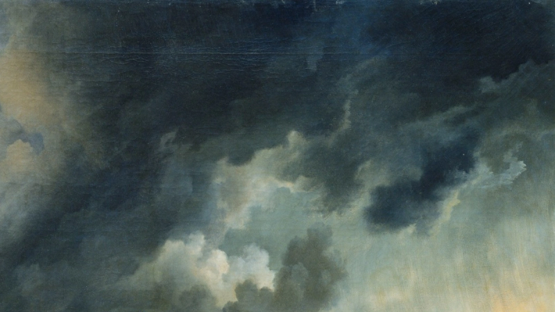 A painting of gloomy clouds in the sky.