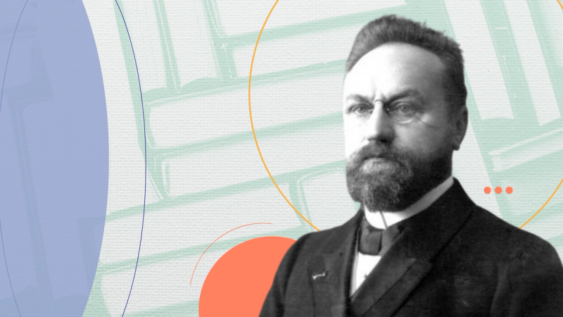 A portrait of Herman Bavinck with a soft background of books in a pattern.