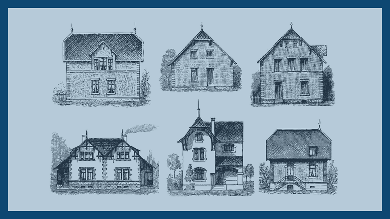 A sketch of six houses in different architectural styles.