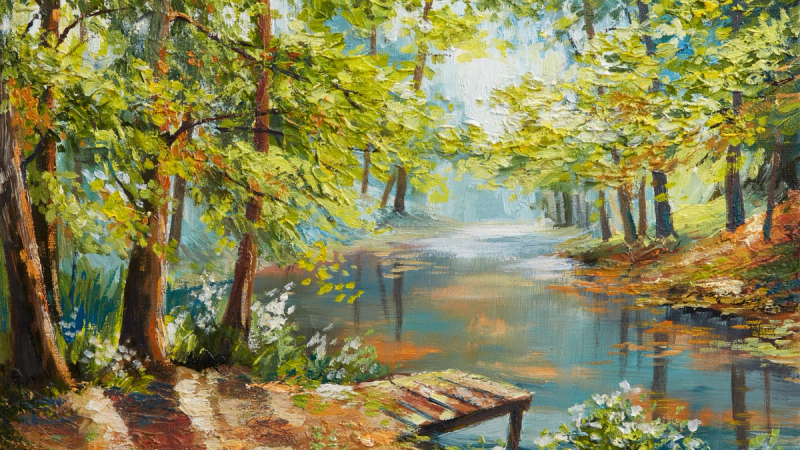 An oil painting of a steadily flowing river surrounded by trees.