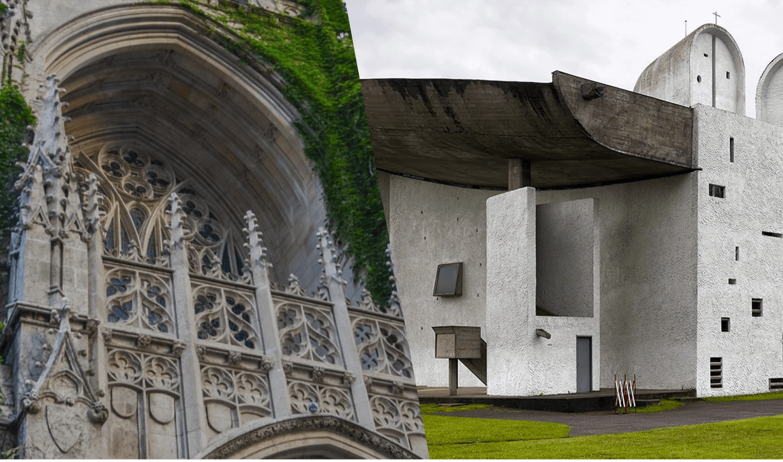 Beautiful, ornate stone cathedral archway, shown next to a geometric modern stucco building.