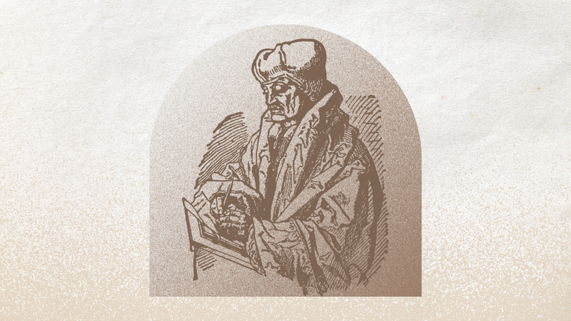 A grainy brown drawing of Erasmus writing.