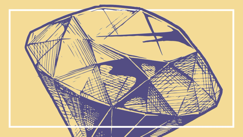 An etching of a beautiful cut gem, in dusty purple on a sunflower yellow background.