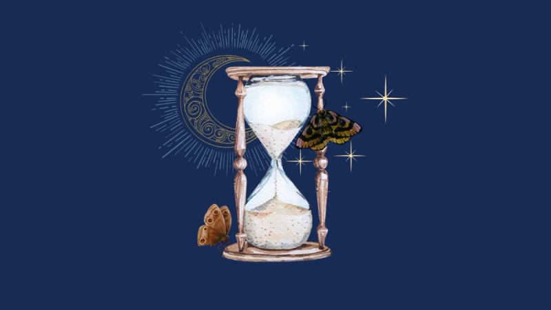 An hourglass in front of a dark blue night sky with moon and stars.