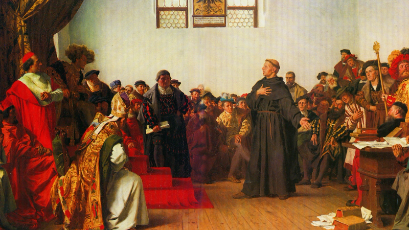 A painting depicting Martin Luther speaking at the Diet of Worms.