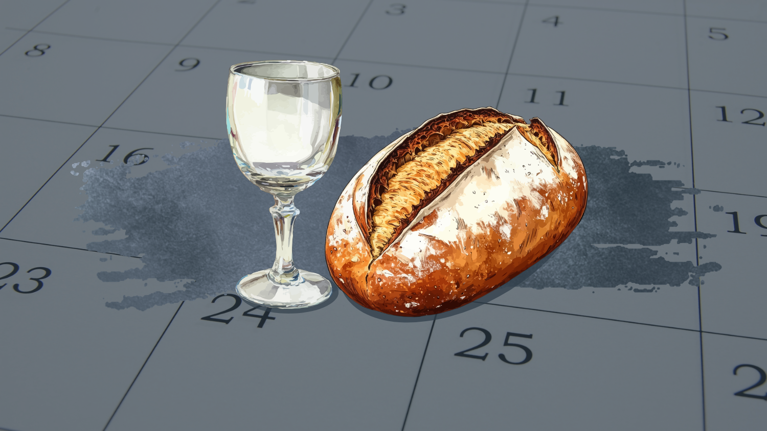 A wine goblet and loaf of bread set in front of a weekly calendar background.