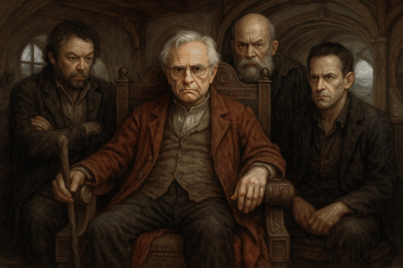 An illustration of the four horsemen of atheism sitting in Sam and Frodo's Bag End.