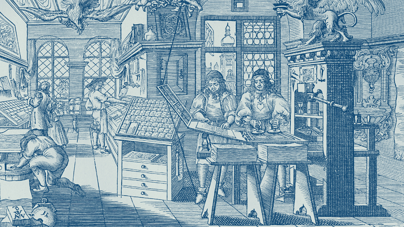 A woodcut of a seventeenth-century book printing workshop.