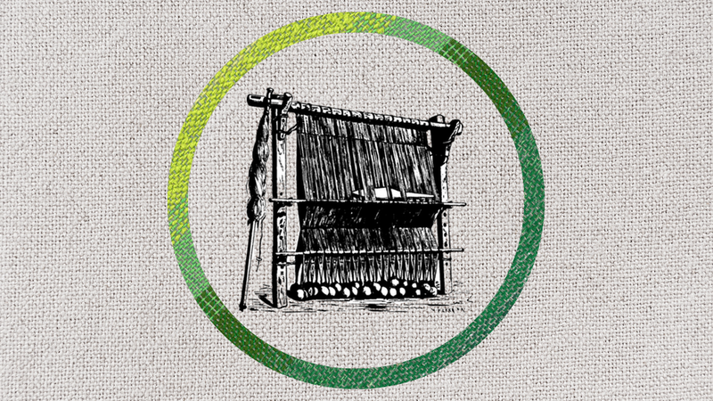 A sketch of an old loom over a woven fabric background.