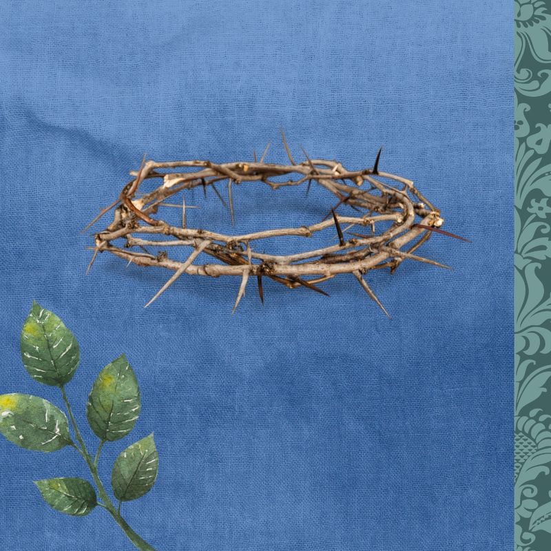 A crown of thorns on a blue texture with green details.