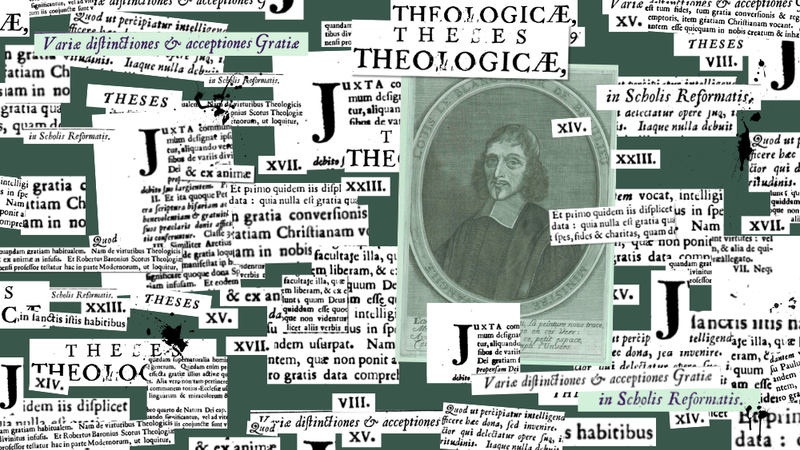 Collage of paper clippings from Theses Theologicae with a portrait of Louis le Blanc.