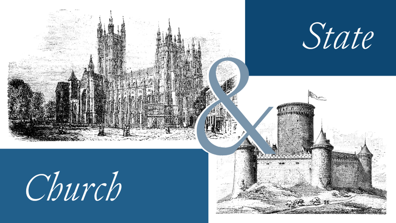 Etchings of a cathedral and a castle signifying the church and the state.