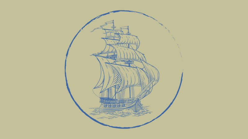 A sketch of a ship in blue over a khaki background.