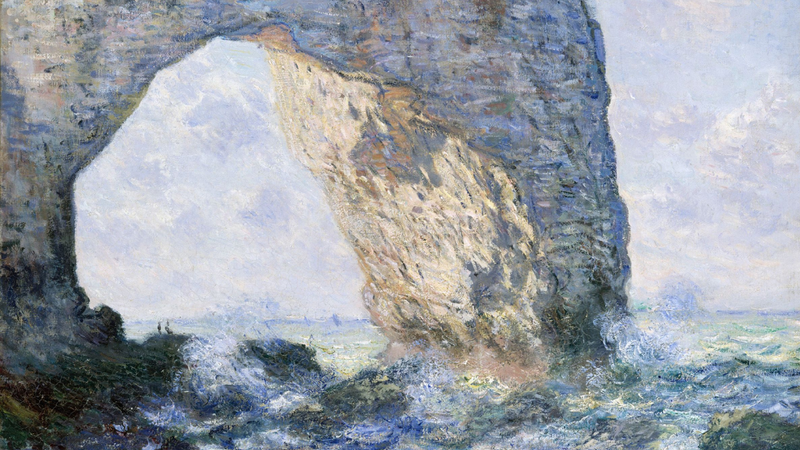 A painting of a craggy cliff beaten by rough waves.