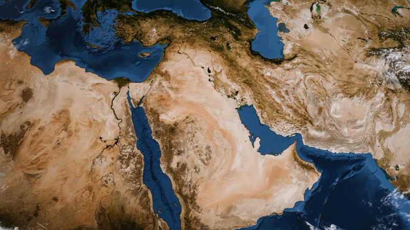 A detailed satellite image of the Middle East region.