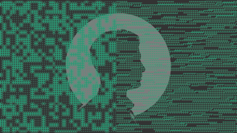 An illustration of AI overlaid with a silhouette of a man's profile in the background.