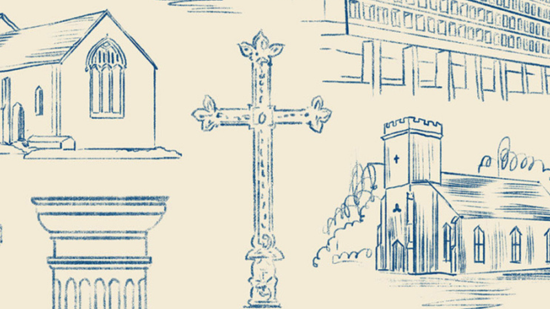 A sketch of multiple church and state buildings with a sketched cross in the center.