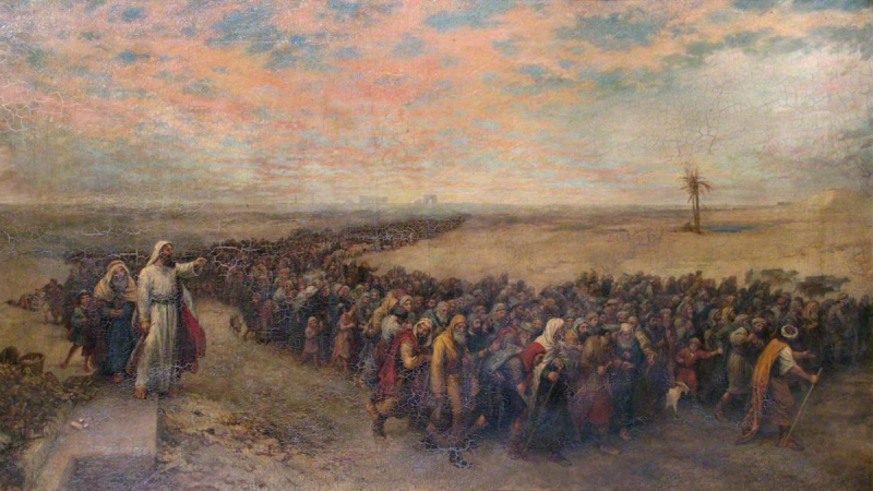 A painting of Moses guiding the people of Israel in the wilderness.