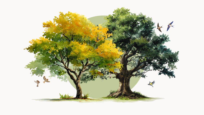 Two mature trees flourishing in green grass while birds take refuge in their branches.