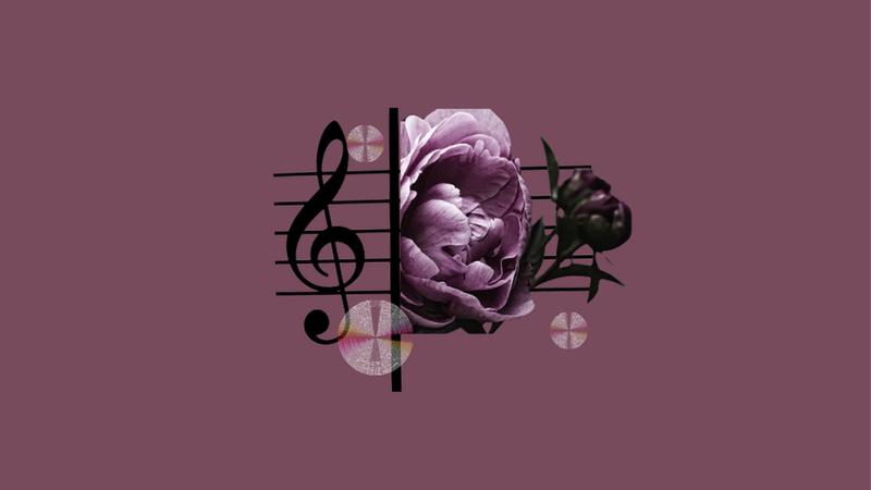 A treble clef with a purple rose and soundwave dots on a deep purple background.