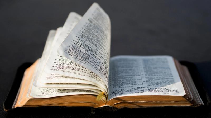 Photo of a Bible lying open with its pages blowing in the wind.