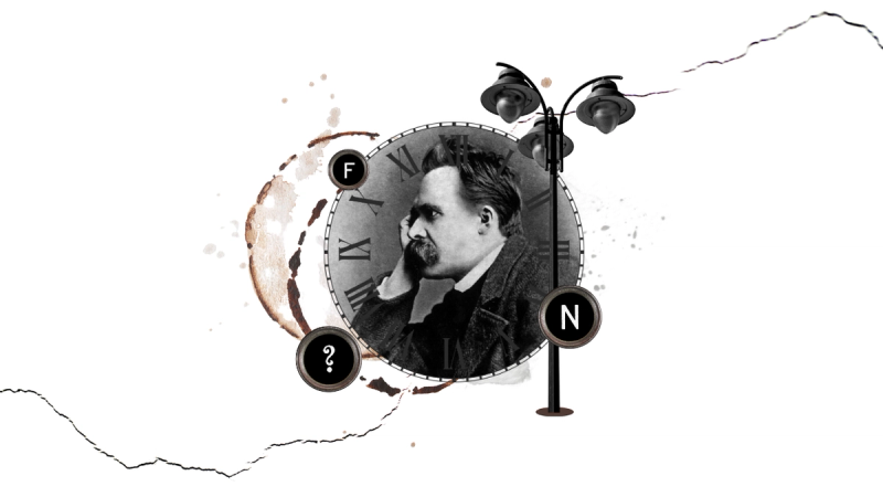 A portrait of Friedrich Nietzsche with a crack beginning to form in the background.