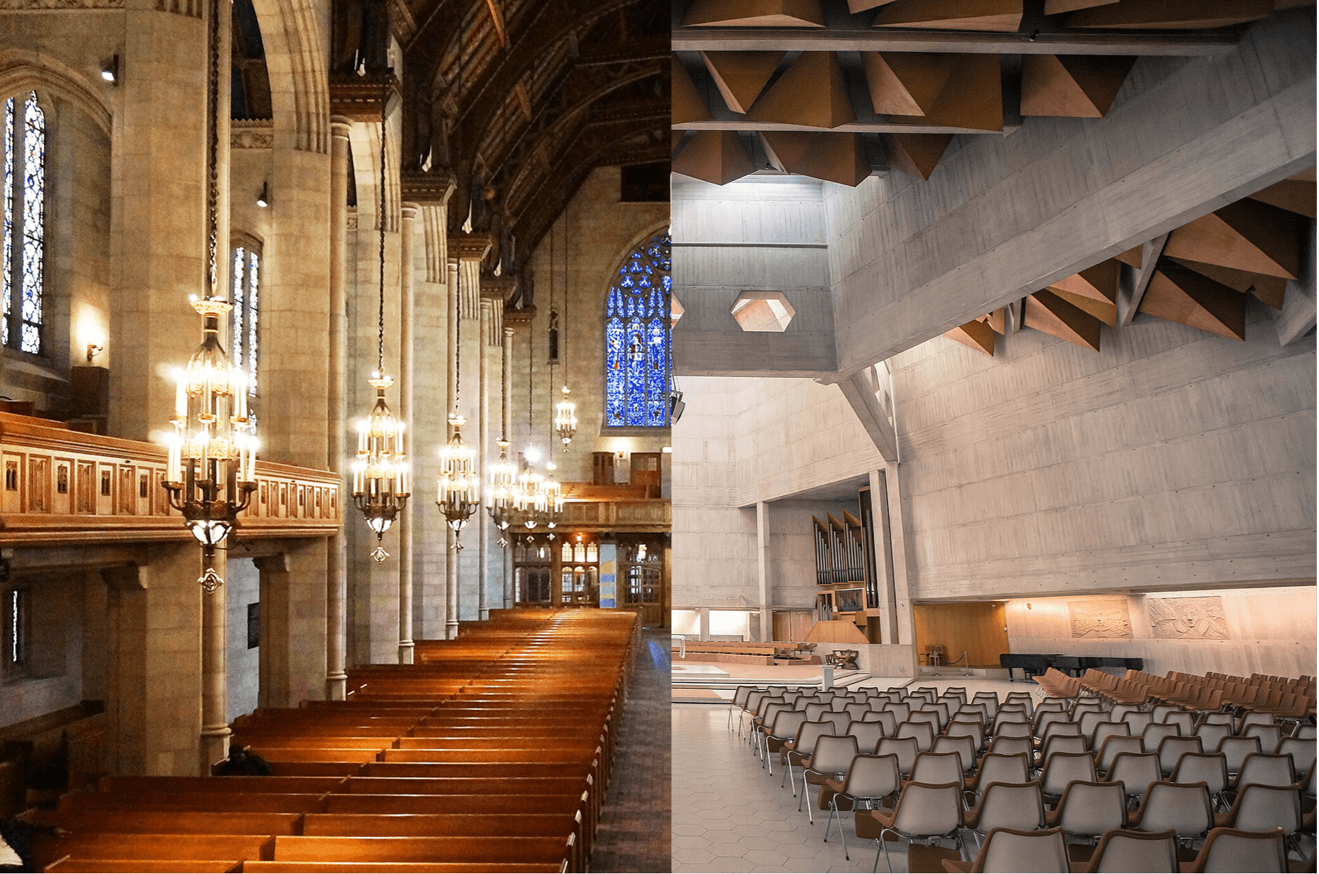 Interior of a cathedral with lit chandeliers, shown next to a modern grey and brown minimalist church interior.