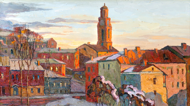 A painting of a little town with a church and steeple in the center and golden sunset light shining.