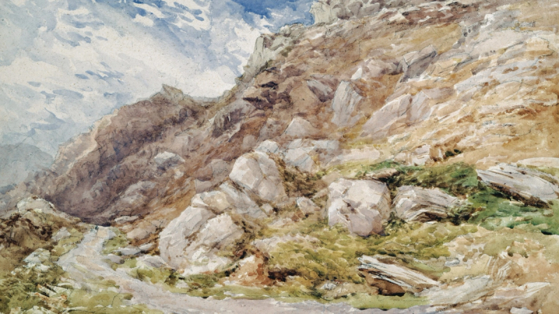 A painting of a path winding around a rocky hillside.