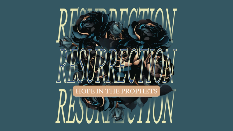 Dark teal roses with the word resurrection repeated three times.