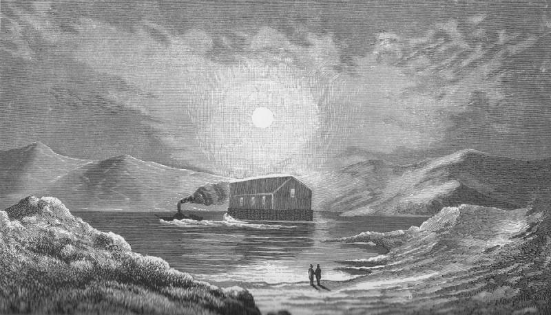 Depiction of the Iron Church being towed into Loch Sunart.
