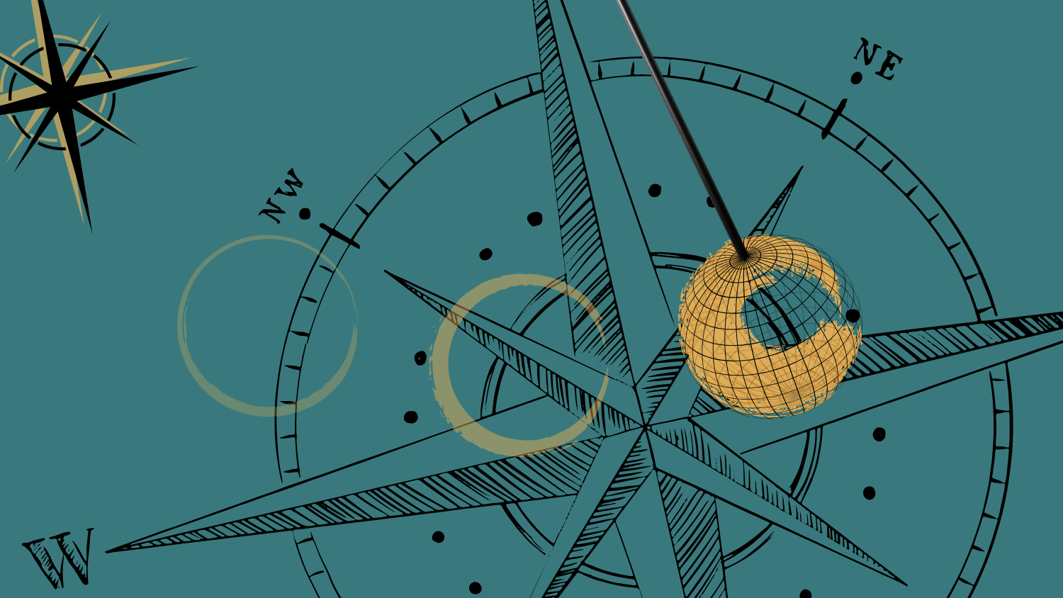 A pendulum swinging over a sketched compass.