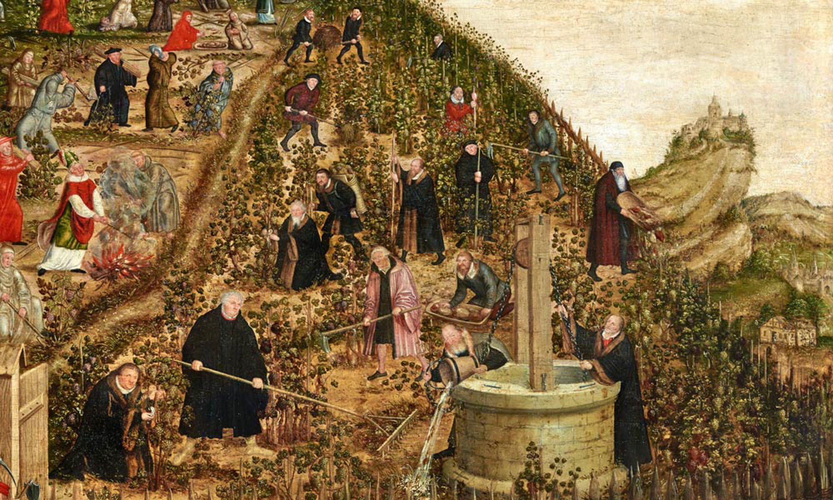 "In the Vineyard of the Lord" (c. 1573), by Lucas Cranach the Younger. Luther and other Reformers cultivate the garden of Christ's church while their opponents (in the upper left) uproot or neglect it.