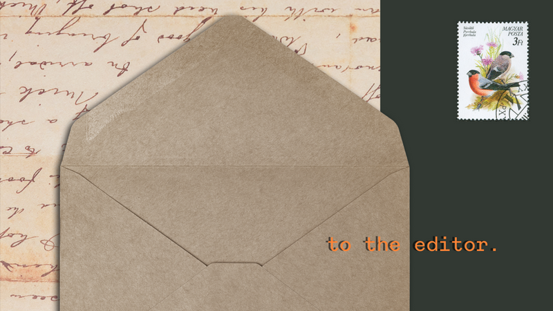 Handwritten letter with brown envelope and a stamp with birds on it.