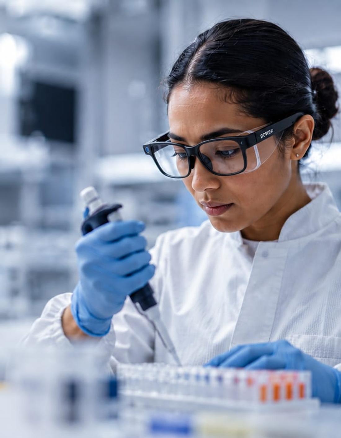 A scientist pipetting at the bench, wearing Bower smart glasses