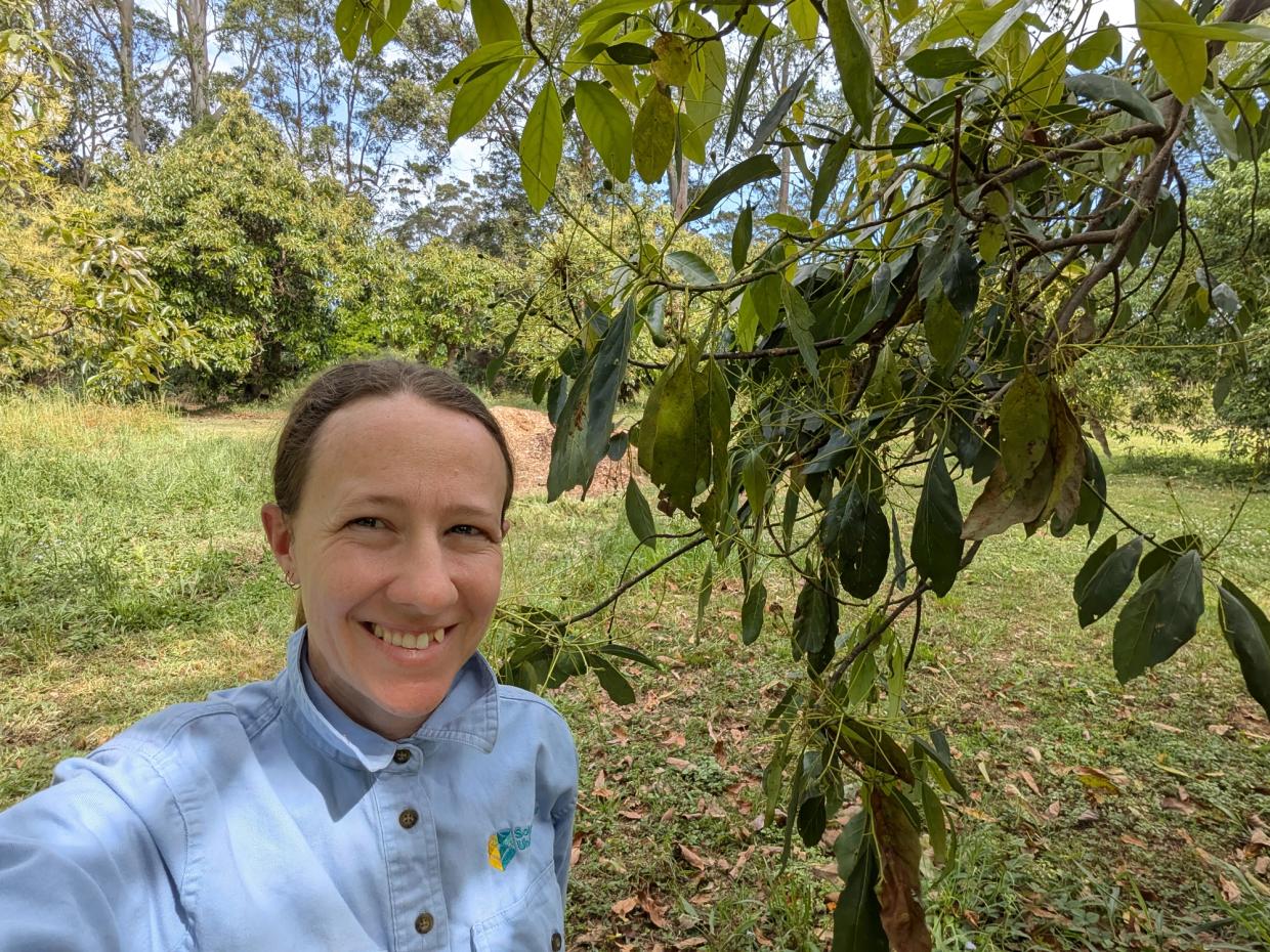 Dr Karina Griffin at the bench with a sample vial and microscope, Southern Cross University