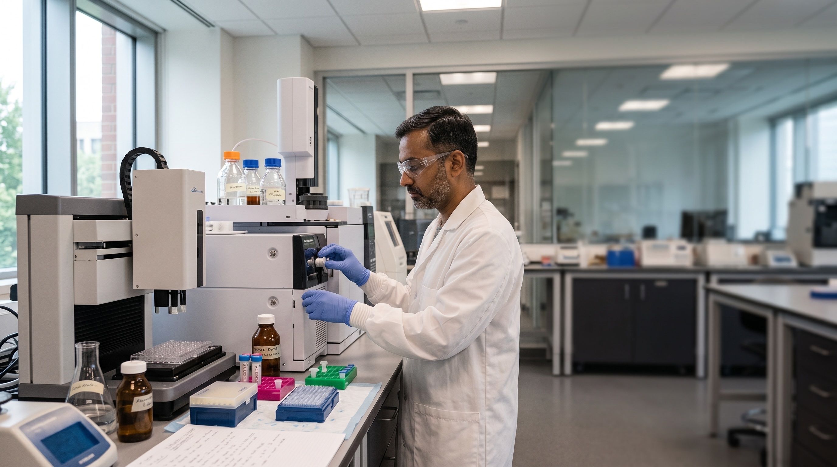 A scientist running a sample on an analytical instrument beside handwritten bench notes, representing the gap between work as it happens and the record that has to survive IP due diligence