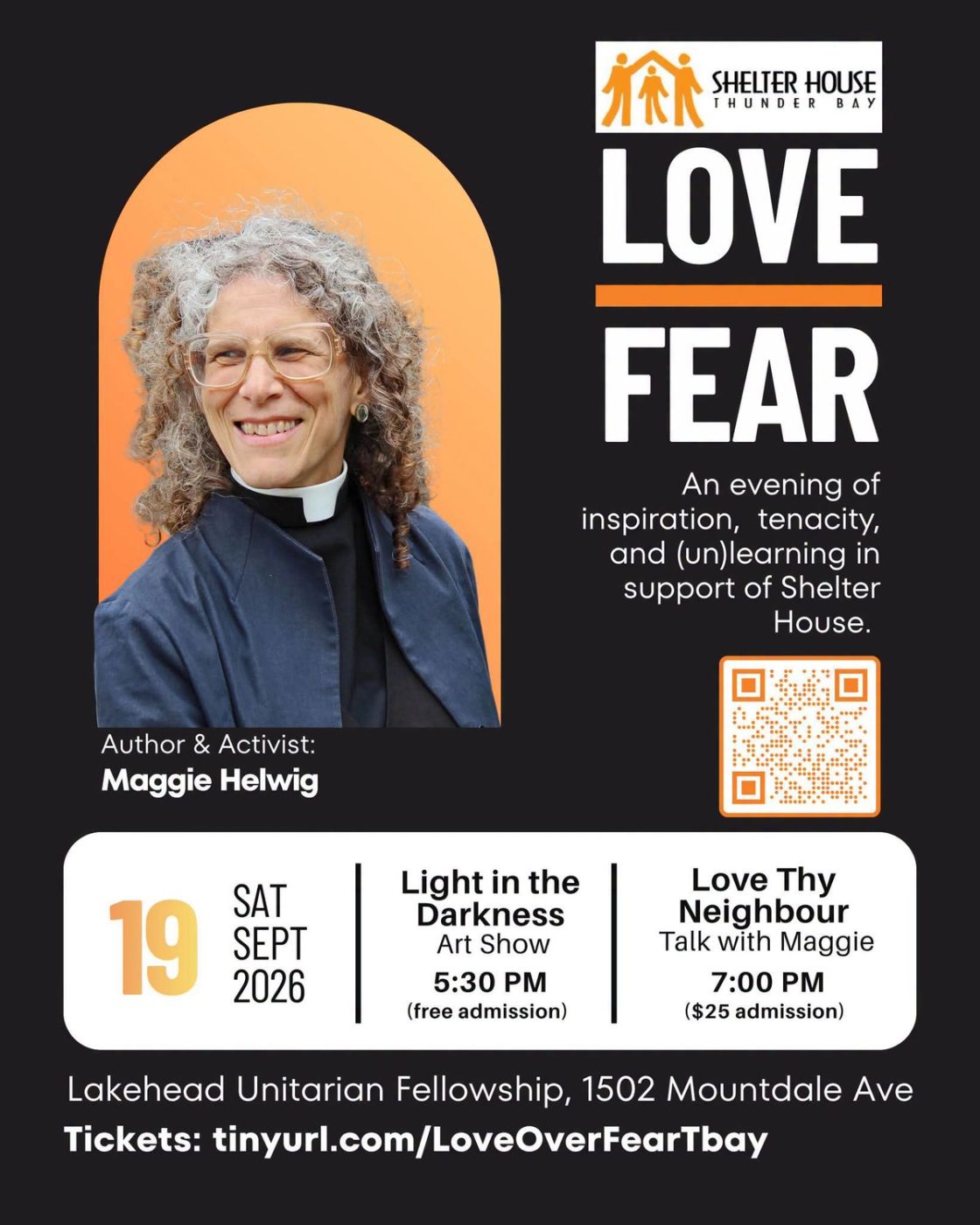 Event poster showing Maggie Helwig, smiling, in a clerical collar and blue jacket.