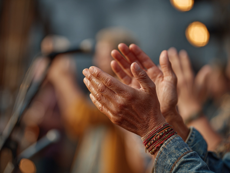 Close-up of hands clapping at a small local concert or a mic stand lit with stage lights.