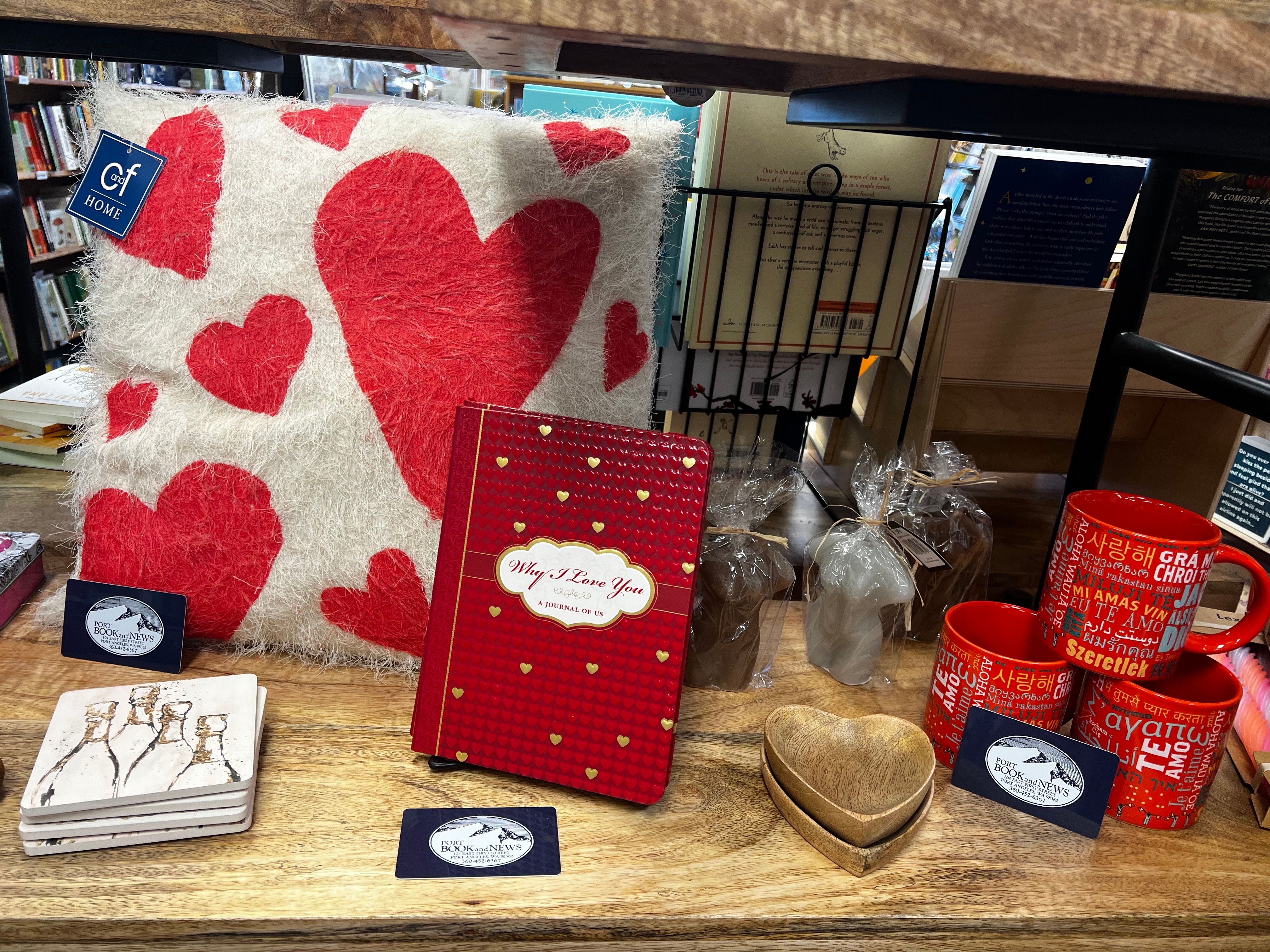 Valentines-themed items from Port Book and News displayed on a shelf.
