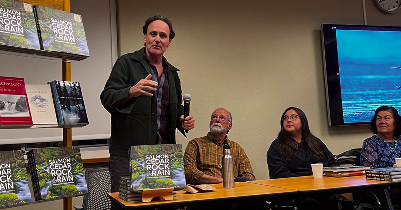 David Guterson addresses the crowd at the book launch event.
